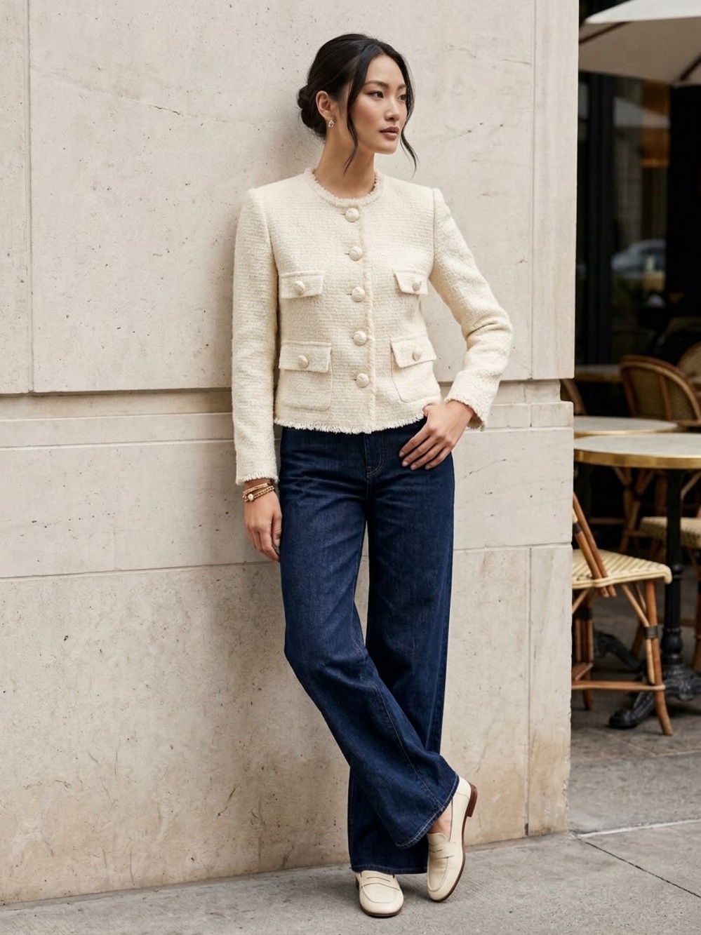 Mango Cream Bouclé Tailored Blazer Jacket - Size S